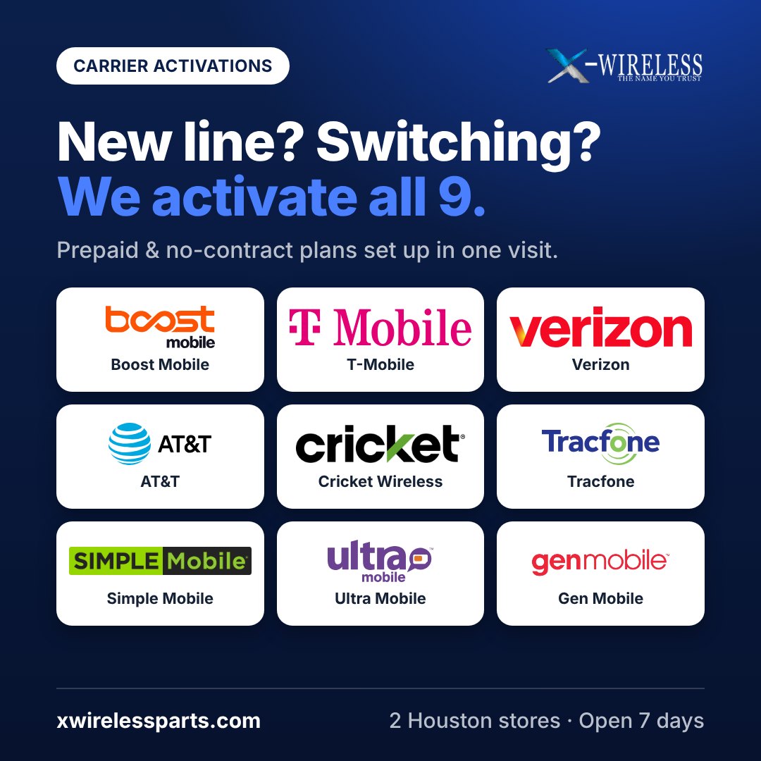 New line? Switching? We activate all 9 carriers: Boost Mobile, T-Mobile, Verizon, AT&T, Cricket Wireless, Tracfone, Simple Mobile, Ultra Mobile and Gen Mobile